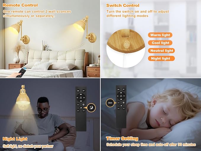 GOODATE 1 Pack Plug in Wall Sconce with Remote Control, Dimming, Adjustable Colors 2700K-6500K, Plug in Wall Light, Swing Arm Wall Lamp with Night Light & Timer, LED Bulb Included, Oak Finish