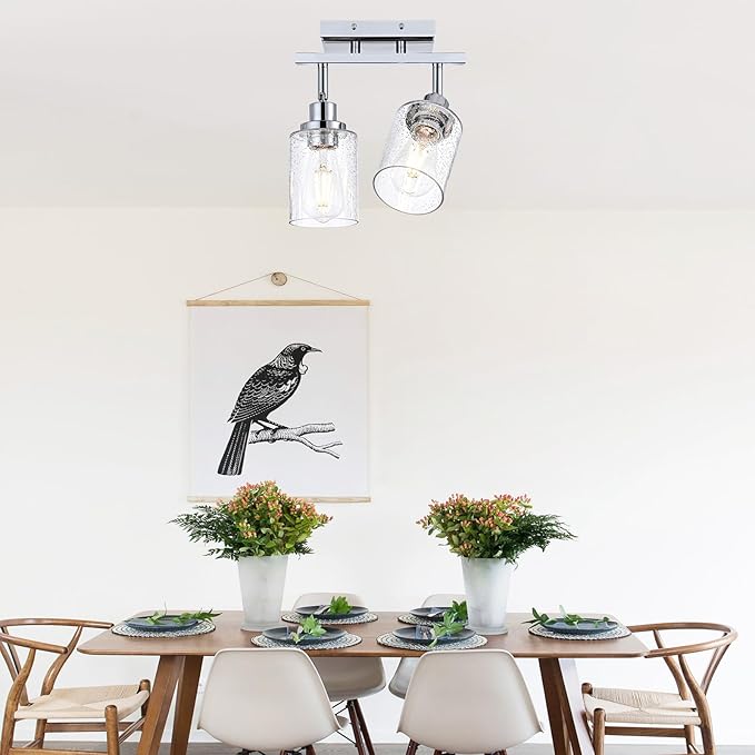 2-Light Chrome Track Lighting Kit Ceiling Kitchen Track Light Fixture with Seeded Glass, Multi-Directional Rotating Track Lighting Heads Spotlight Fixtures for Accent Shop Bathroom Vanity