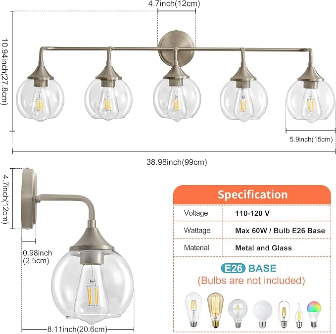 Bathroom Vanity Lights 5-Light Brushed Nickel Vanity Light 39" | Farmhouse Vanity Lighting Fixtures Over Mirror, Thickened Clear Glass Shade, UL E26 Dimmable Vanity Light Fixtures