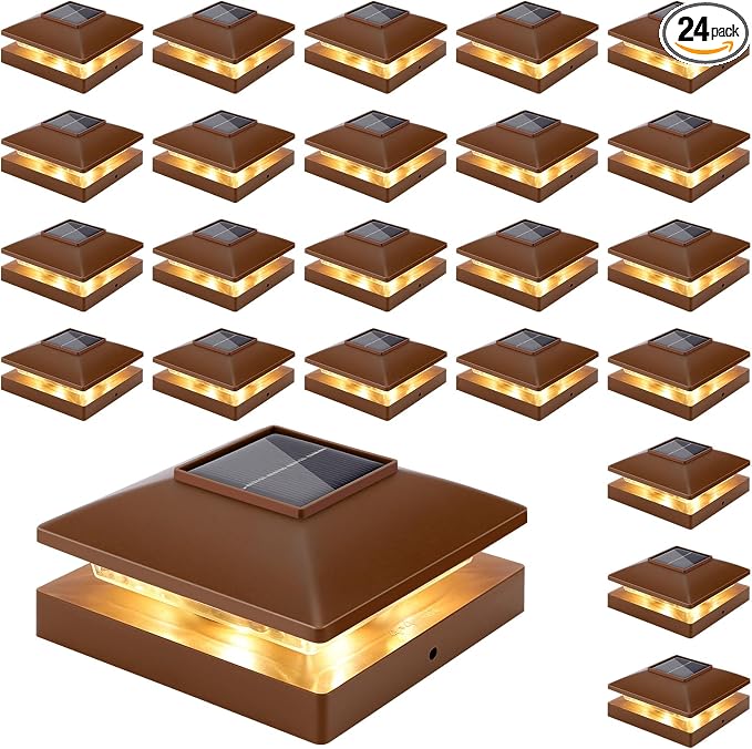 Solar Post Cap Lights Outdoor 24pack, Waterproof Solar Powered Deck Fence Post Lights Fit 4x4 Wood/Vinyl Posts, Bright Warm White Solar Post Lights Decorate Deck, Patio, Porch, Fence(Brown)