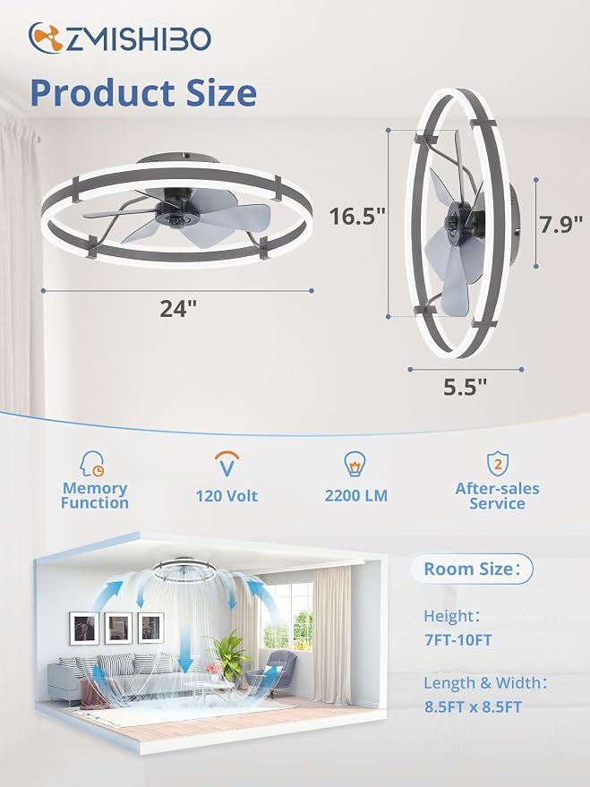 ZMISHIBO Low Profile 24'' Ceiling Fans with Lights and Remote, Gray | 3000-6000K Dimmable LED Fandelier, Quiet DC Motor, Reversible Airflow, 6 Wind Speeds, Timer, Bedroom, Living Room, Kitchen