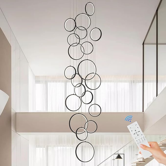 20 Rings Modern LED Chandelier for High Ceiling Dimmable Black Contemporary Foyer Long Chandelier for Entryway, Long Pendant Light Fixture Staircase Dining Living Room, 3000-6500K