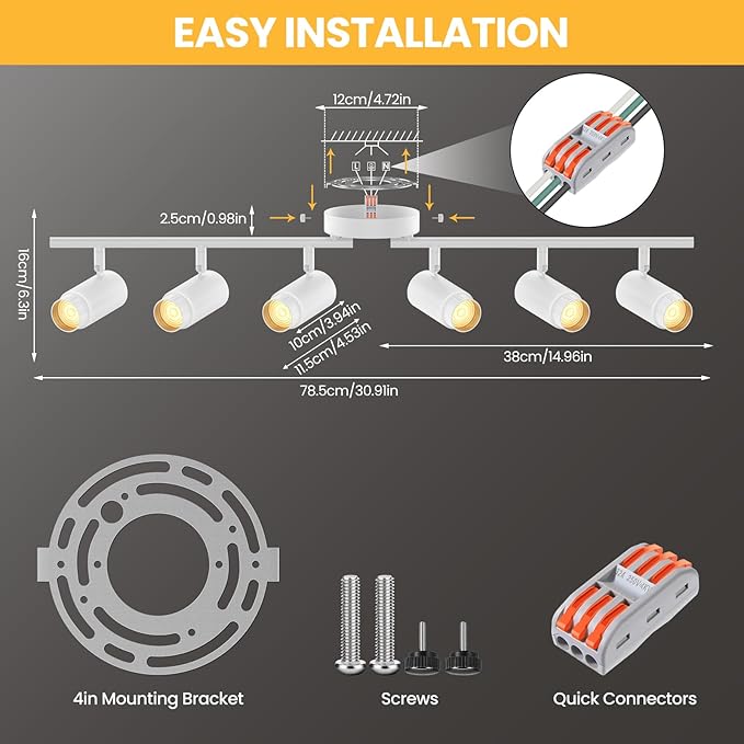 5-Color Zoomable 6 Light Track Lighting Fixtures Ceiling for Kitchen, Dimmable LED Track Lighting Kit, Ceiling Spotlight Flush Mount Adjustable Directional Spot Lights Indoor, CRI90 45W, White
