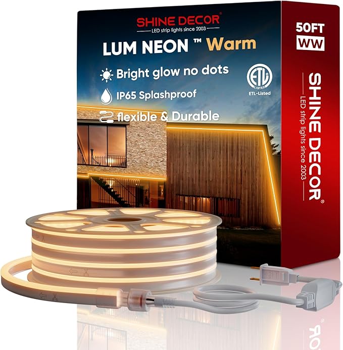 50FT LED Neon Rope Lights, Bright 2500K Warm White AC110V-120V Neon Strip Light, 8x16mm Cuttable Waterproof SMD2835 120LED/M Indoor Outdoor Light Strips, DIY Ambiance Lighting Decoration