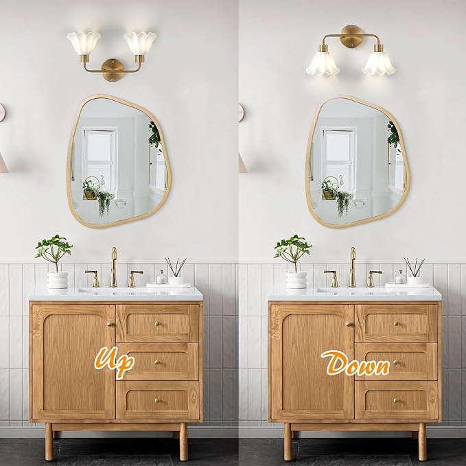 2 Light Gold Brass Bathroom Light Fixture,Brush Gold Vanity Lighting Over Mirror,Cute White Glass Flower Lampshade,Wall Sconces,E26 Socket(Bulbs Not Included)