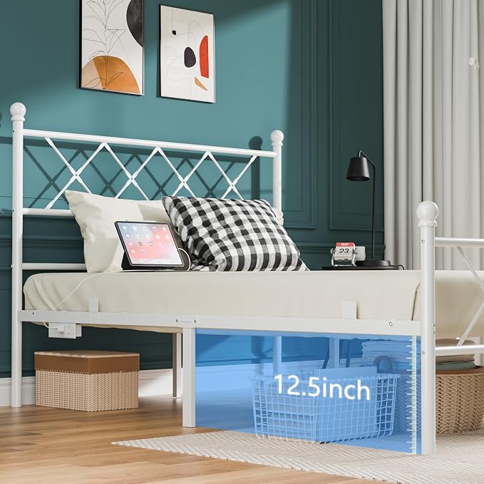 VINGLI Full Bed Frame with LED Lights & Charging Station, Metal Platform Bed Frame with Headboard, USB Ports, Under Bed Storage, Noise Free, No Box Spring Needed, Easy Assembly, White