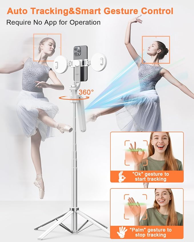 Yeaki 71” Auto Face Tracking Tripod for iPhone with Light,360° Rotating Phone Stand with Rechargeable Remote Control for TikTok Vlog, Phone Tripod for Android Camera/GoPro/Ring Light (White)