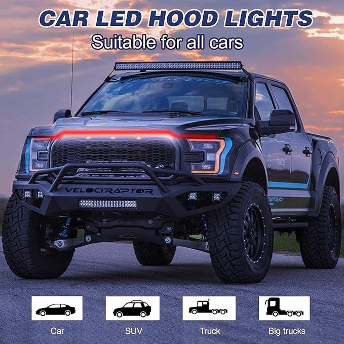 Car Hood Light, 70 Inch Auto LED Daytime Running Lights Strip (Red) | 12V, Flexible Headlight, Universal bonnet light for Cars, SUVs, Trucks, Engine Cover Decoration, Dynamic Scan Start-up Effect