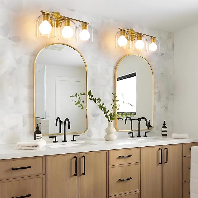 WOSHITU Bathroom Vanity Light Fixtures: 23.3 Inch Modern Brushed Gold Bathroom Light Fixtures Over Mirror with Clear Glass Shade, 3-Light Bathroom Lights Above Mirror