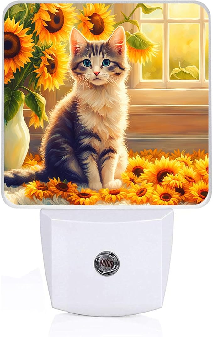 Cute Cat Sunflower Night Light, Plug-into Nightlight White LED Lamp, Energy Efficient Decor Desk Lamp for Bedroom Hallway Stairs Bathroom