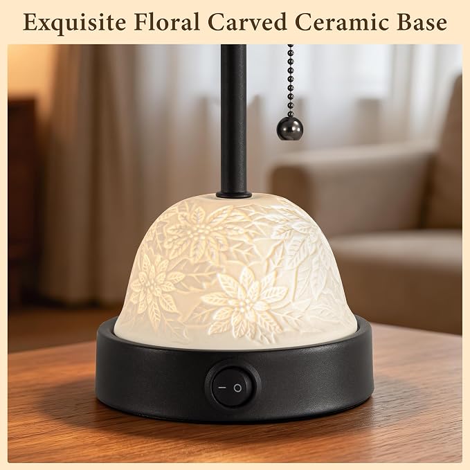 Table Lamp for Bedroom, Dual Light Nightstand Lamp with Fabric Shade & Ceramic Carved Night Light Base, Individual Controls Bedside Lamp for Living Room, 8W LED Bulb Included