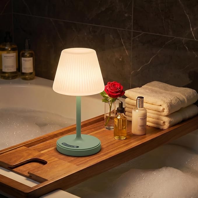 Waterproof Shower Lamp Outdoor Cordless Table Lamp, 3-Color Dimmable -Green | 4000mAh, touch, weighted base, bathroom shower light, patio dinner, RV camping, charge your phones, memory night light