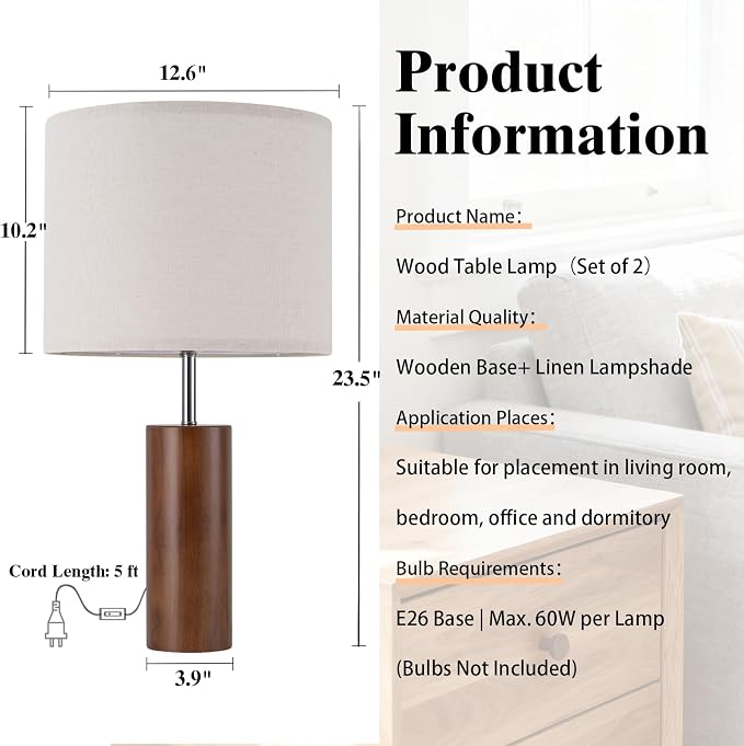 lapupu 23.5" Wood Table Lamps Set of 2 for Living Room, Vintage Farmhouse Bedside Lamps for Bedroom, Large Round Desk Lamps for End Table Nightstand, Walnut Wood