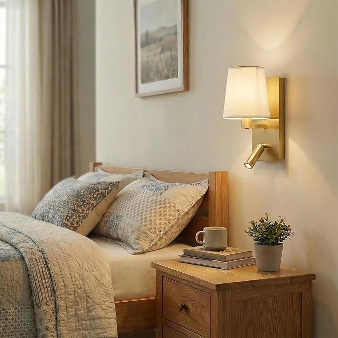 12.1" Wall Sconce with Shade & Reading Light, White Fabric Wall Lamp for Bedroom, Gold Bedside Wall Light with LED Reading Light 3000K 205 lm, Dual Switch, E12 Max 10W Bulb Not Included