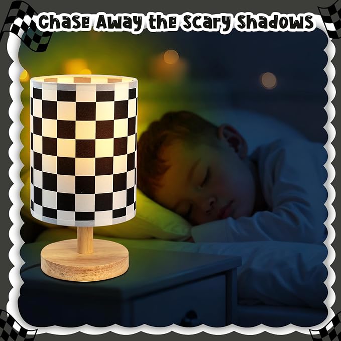 Checkered Bedside Lamp for Boys' Bedroom Kids, Bedside Lamp with Linen Wooden Nightstand, Checkered Lampshade Nursery Decor