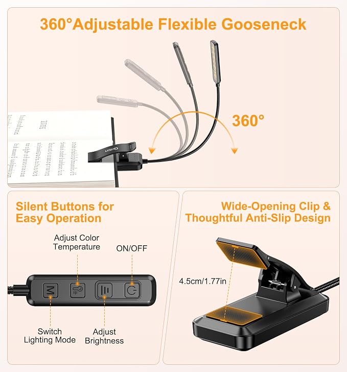 Gritin 2026 Gen 2 Book Light for Reading- 30 Eye Caring Full Spectrum LED | 5 Colors & 5 Brightness, Adjustable Wide/Narrow Beam, Upgrade 1500mAh Long-Lasting Rechargeable Clip on Light for Book Lovers