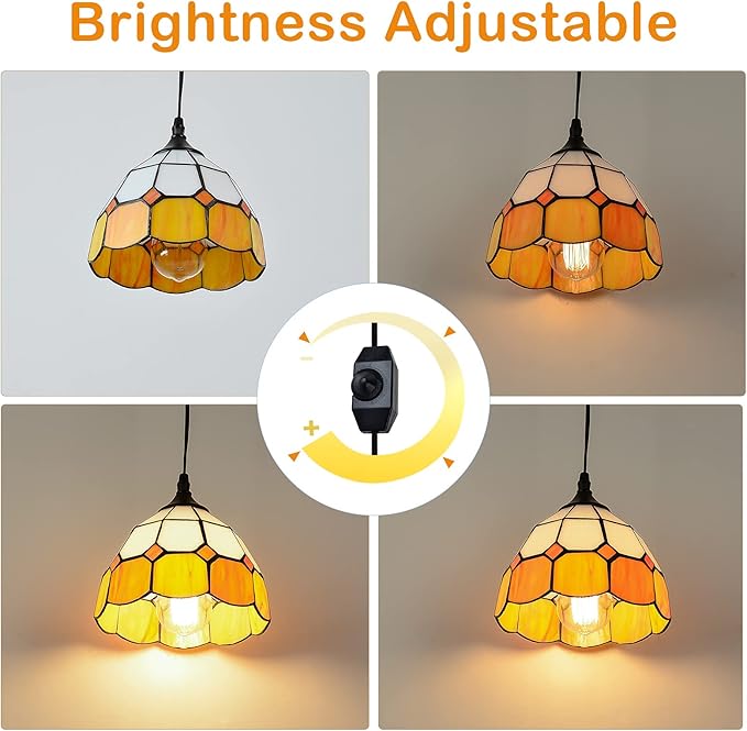 Tiffany Hanging Pendant Light - Dimmable Mini Plug in Light Fixture, Perfect Vintage Swag Ceiling Lamp for Dining Room, Bedroom or Porch,16.4 Ft Hanging Cord, 7.9" Width