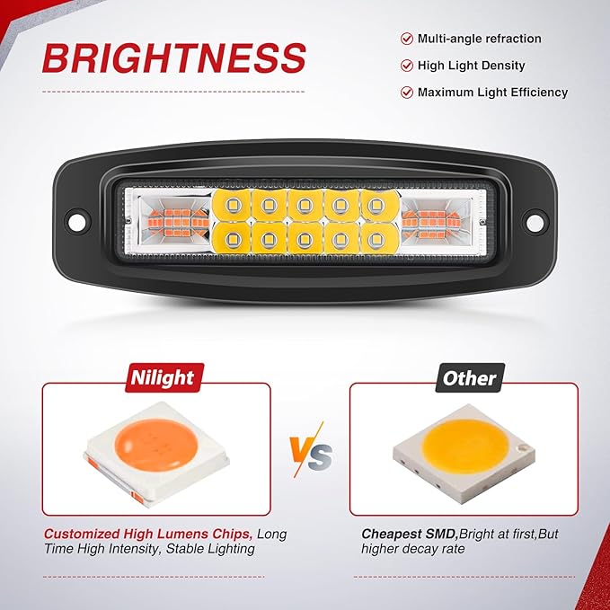Nilight Flush Mount LED Light Pods 2PCS 6 Inch 60W Amber White 3 Lighting Modes Fog Lights Spot Flood Beam with Dual Control 18AWG Wiring Harness for Truck Pickup Golf Cart UTV ATV SUV Boat 4x4 Car