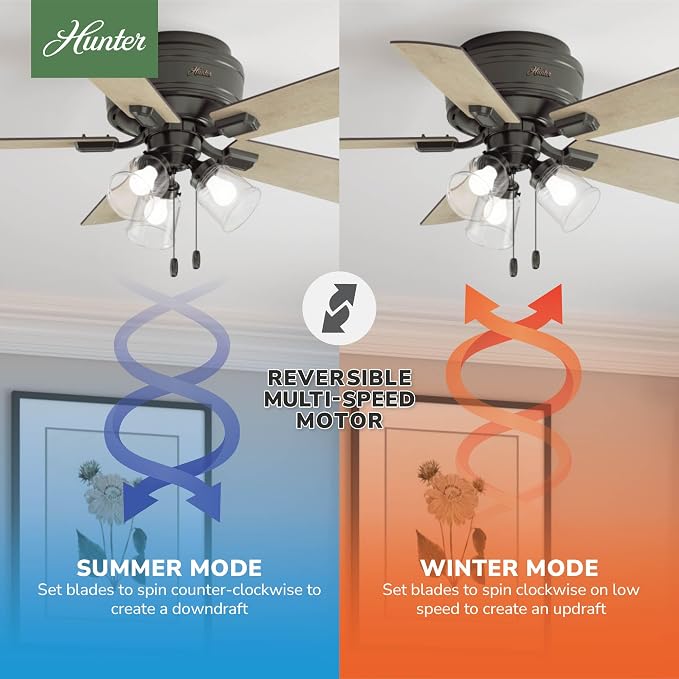 Hunter Crestfield, Indoor, Ceiling Fan, Quiet, 42 inch, Noble Bronze | with LED Lights and Pull Chain, Low Profile Flush Mount, 5 Blades, For Bedroom, Living Room, Kitchen, 52153