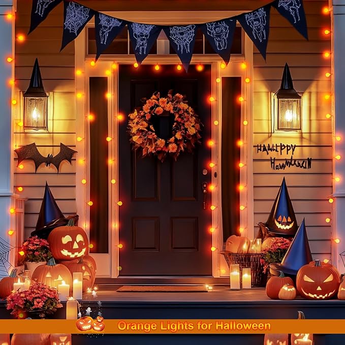 JMEXSUSS 100 LED Globe Orange Halloween Lights Battery Operated | 33ft 8 Modes Indoor Christmas Lights with Remote, Battery Powered Orange Lights Outdoor for Room Bedroom Party Patio Yard