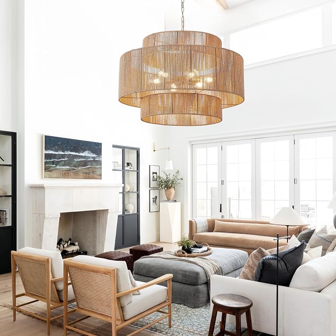 30.7in Large Rattan Chandeliers, 3-Tier Woven Boho Pendant Lights, Hemp Rope Hanging Ceiling Light, Wicker Lighting Fixture for Living Room, Dining Room, Bedroom, Kitchen Island