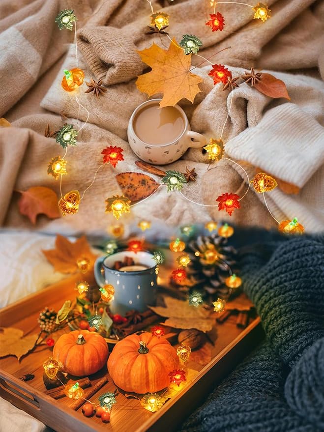 Fall Decor 3D Pumpkin Acorn Maple Leaf Fairy Lights Battery Operated Remote | 10FT 30 LED, 8 Modes & Timer, IP44 Waterproof Twinkle String Lights for Indoor Outdoor Harvest Thanksgiving Halloween Decor