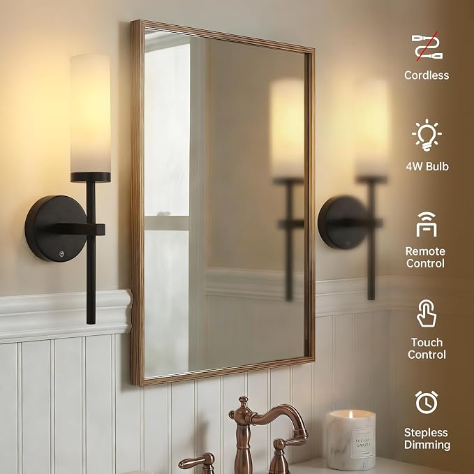 Shenmoyl Battery Operated Wall Sconces Set of 2, Black Rechargeable Wall Lighting Fixtures, Dimmable Wall Lights with Remote & Opal Glass Shade for Living Room, Bathroom,Bedroom