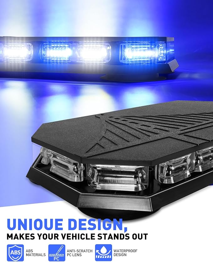 HLauto 406D Rooftop Emergency Strobe Lights Bar, 102 LED Blue White Mini Beacon Safety Flashing Warning Traffic Lights Bar w/Magnetic Base for 12-24V Trucks, Construction Vehicles, Snowplow, Cars