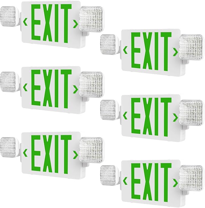 Amico 6 Pack Green Double-Sided Exit Sign with Emergency Lights, Two LED Adjustable Head with Battery Backup, ETL Certified, AC 120/277V, Commercial Emergency Lights Combo for Business