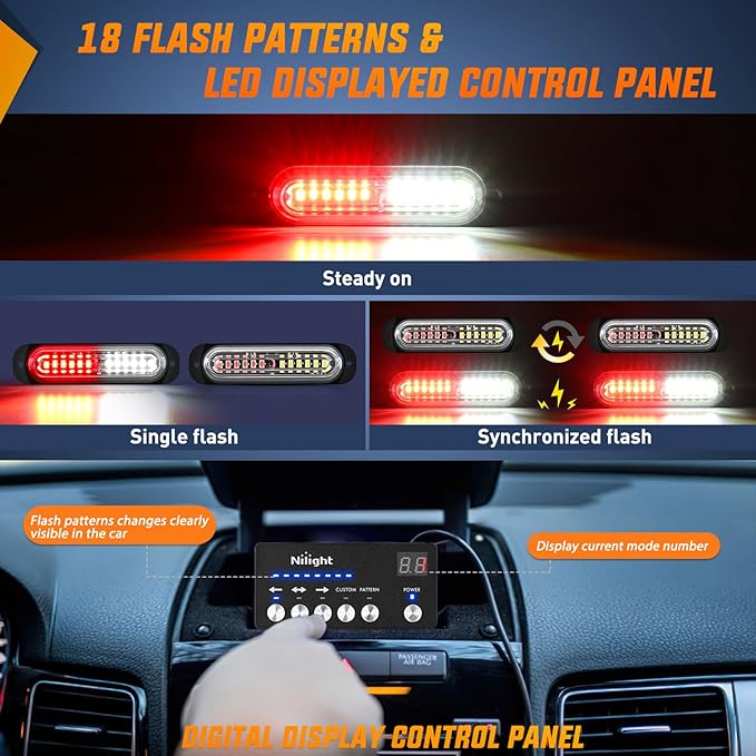 Nilight 8PCS Led Strobe Lights with Controller 12V 24V Sync Feature Red White Strobe Light 12 LED Surface Mount Emergency Hazard Warning Lights with Strobe Controller for Vehicle Car Truck RV ATV