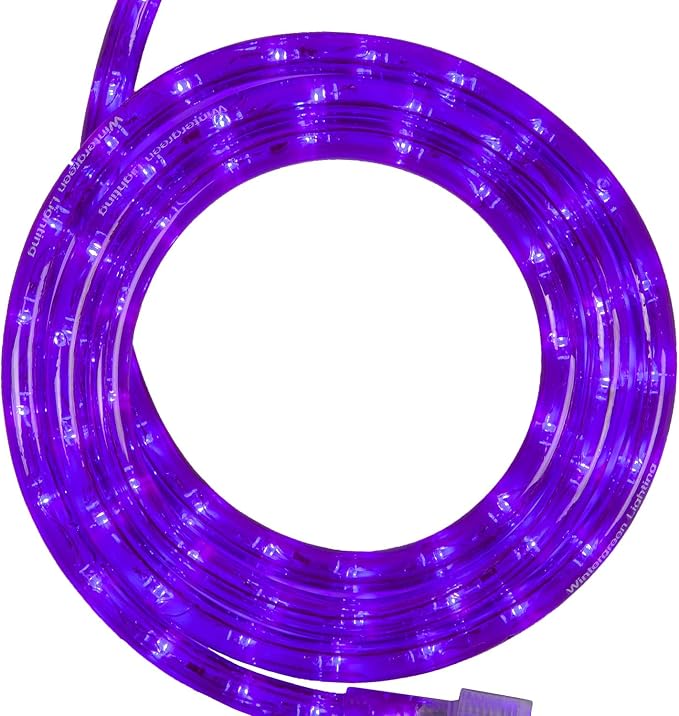 Wintergreen Lighting 18' LED Purple Rope Light, Halloween Decoration, 120V, ½ Inch, 2-Wire – Clips and Power Cord Included