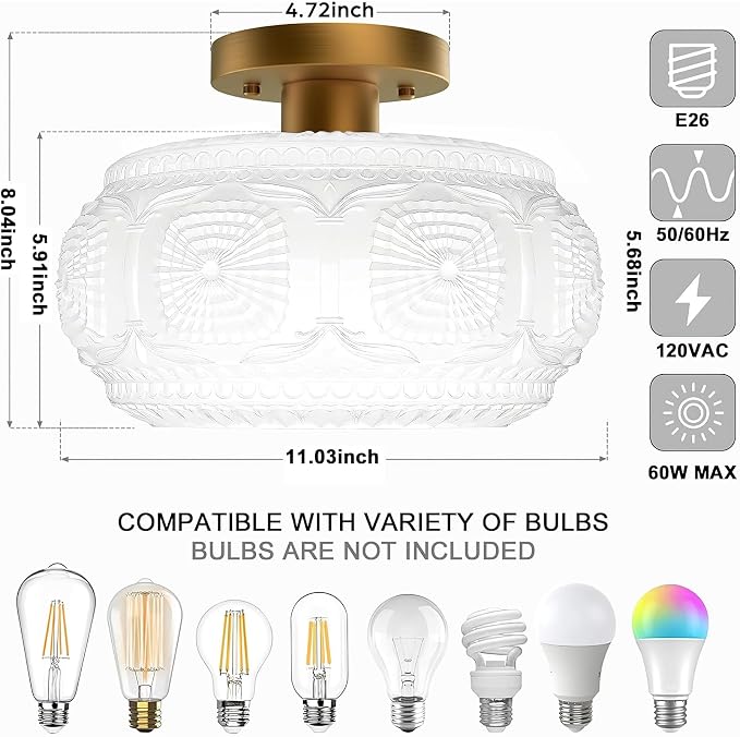 Semi Flush Mount Ceiling Light, Upgraded Larger Milk Glass Shade Modern Ceiling Light Fixture, Vintage Gold Lighting for Hallway Bedroom Entryway Kitchen Porch