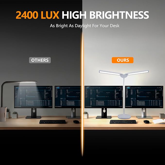 LED Desk Lamp, 2400 Lux Bright Desk Lamp for Home Office, Dual Head Adjustable Desk Lamp with 5 Color Modes, Stepless Dimming, 360° Gooseneck, Auto Timer, Eye Caring Task Light