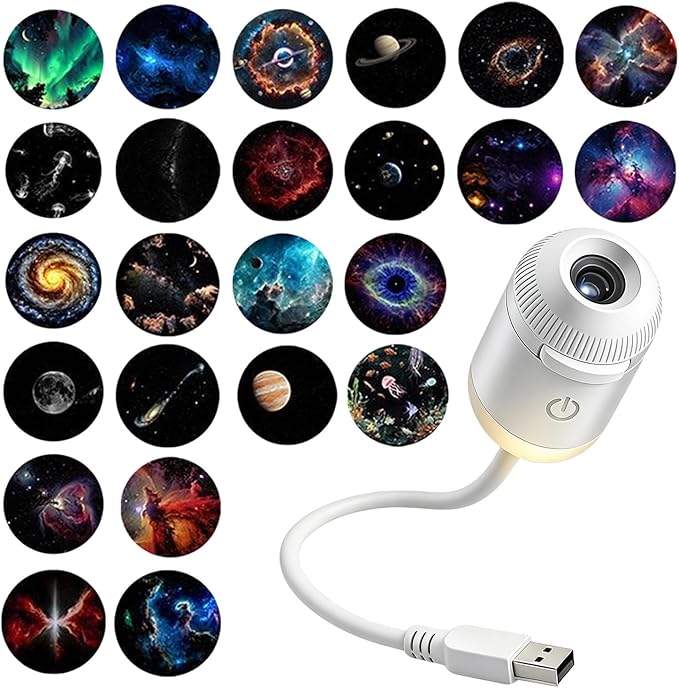 Galaxy Projector Night Light, 2-in-1 USB Star Lamp Kids Gift for Bedroom | Adjustable Brightness, Car & Room Wall Ceiling Decor - 24 Films