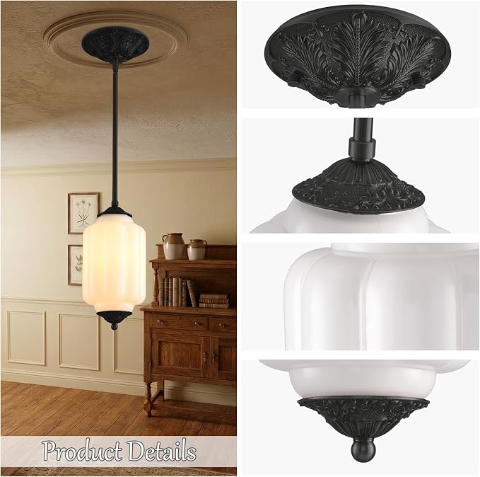 LOUSACE 5.5 in Milk Glass Kitchen Pendant Light, Retro Semi Flush Mount Ceiling Pandant Lighting with Matte Black Aluminium Base & White Milk Glass, E12 Blub Included