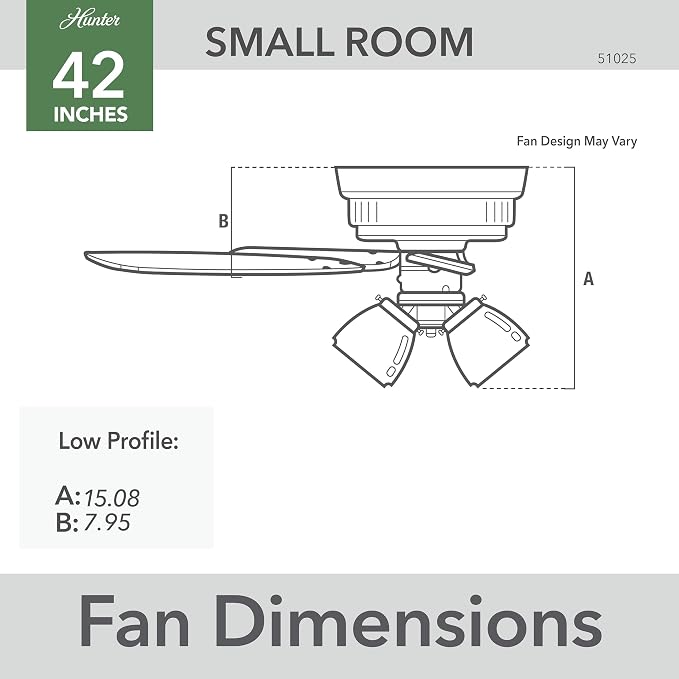 Hunter Crestfield, Indoor, Ceiling Fan, Quiet, 42 inch, Matte Silver | with LED Lights and Pull Chain, Low Profile Flush Mount, 5 Blades, For Bedroom, Living Room, Kitchen, 51025