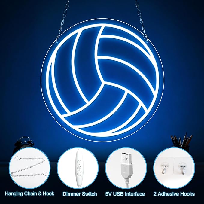 Volleyball Neon Sign, Dimmable LED Neon Volleyball Light, USB Powered Wall Decor for Bedroom, Game Room, Dorm Room, Volleyball Gifts for Teens, Players, Fans