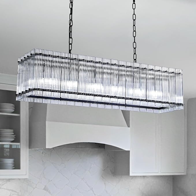 NOXARTE 40 Inch Modern Black Crystal Chandelier for Dining Room, 6-Lights Large Ribbed Glass Rectangle Chandelier Height Adjustable Rectangular Hanging Light Fixture for Living Room, Kitchen Island