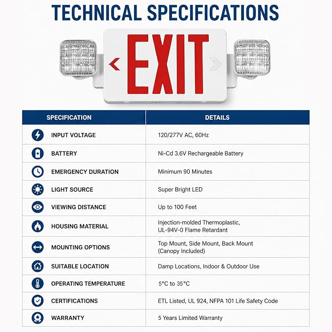 Red LED Exit Sign with Emergency Lights, Battery Backup, UL Listed | 2 Adjustable Heads, Commercial Emergency Exit Sign Combo with Thermoplastic Housing, Hardwired 120V/277V AC, 90-Minute Backup