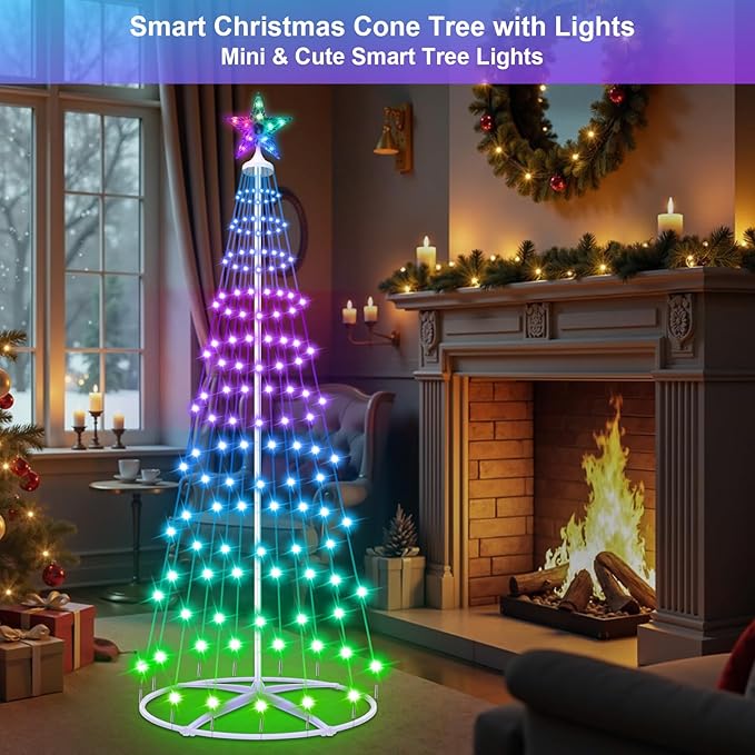 5FT 166LED Smart Christmas Tree Lights, Outdoor Christmas Cone Tree Lights with App Control, Color Changing DIY Music Sync & Timer Prelit Christmas Tree for Yard Front Porch Party Christmas Decoration