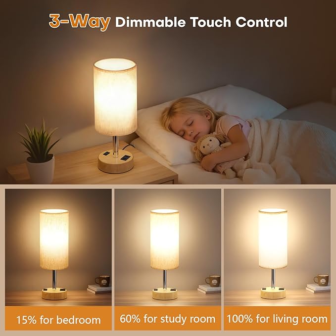 MOICO Table Lamp for Bedroom, Touch Nightstand Lamp with 10W USB Charging | 3-Way Dimmable Touch, USB-A & AC Outlet, Flicker-Free LED Bulb, 14in Fabric Shade, for Bedroom Living Room Dorm Office