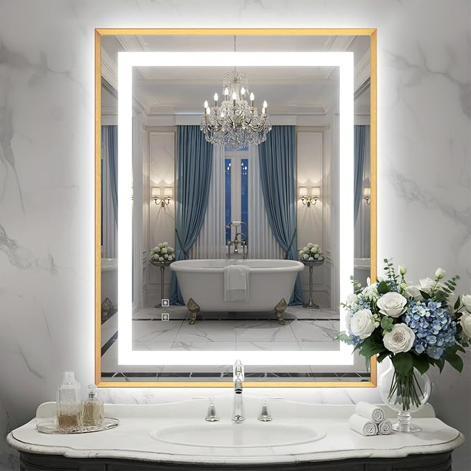 28X36 Inch LED Bathroom Mirror with Lights, Gold Frame Frontlit+ Backlit Bathroom Vanity Mirror for Wall, Ultra-Clear Tempered Glass, Shatter-Proof, Anti-Fog and Memory Function, ETL Listed