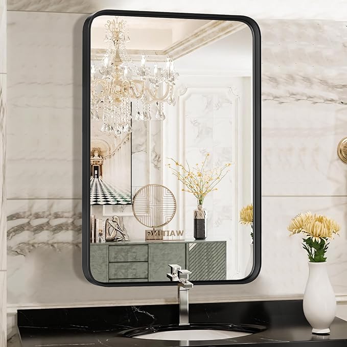 NEWBULIG 22X30 Inch Bathroom Wall Mirror, Vanity Bathroom Mirrors for Over Sink Tempered Glass, Anti-Rust Metal Framed Rounded Rectangle, Hangs Horizontally or Vertically, Farmhouse Home Decor, Black