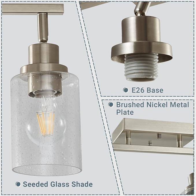 LOUSACE 4-Light Track Lighting Fixtures, Rotatable Track Heads Bathroom Vanity Light Ceiling Spotlight Brushed Nickel, Seeded Glass Shades