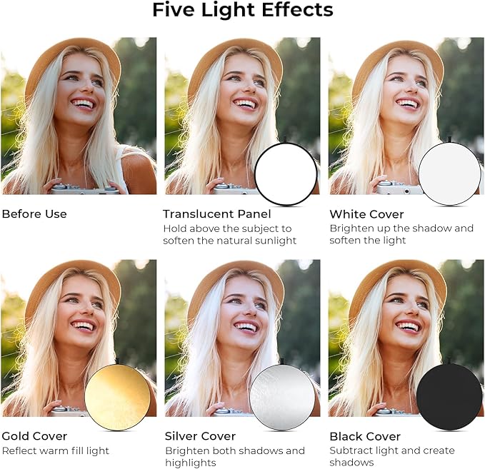K&F CONCEPT 5-in-1 Light Reflector 22" (56cm) Photography Diffuser Collapsible Portable for Studio and Outdoor Lighting Gold Silver White Black Translucent