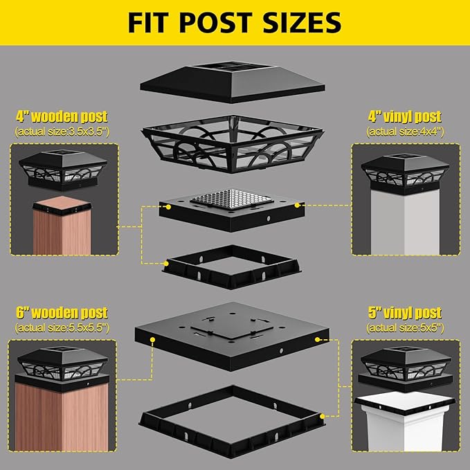 T-SUN Solar Post Cap Lights 6 Pack – Outdoor Waterproof Fence Lights for 3.5x3.5 4x4 5x5 5.5x5.5 Wood/Vinyl Posts, 2 Modes Warm White/White, Solar Deck Light for Patio, Garden, Porch (Black)