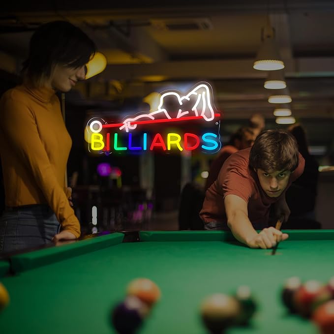 Billiards Neon Sign, USB Powered LED Pool Room Decor | Pool Hall Wall Decor for Game Room, Man Cave, Bar, Party Decoration and Billiards Player Gift