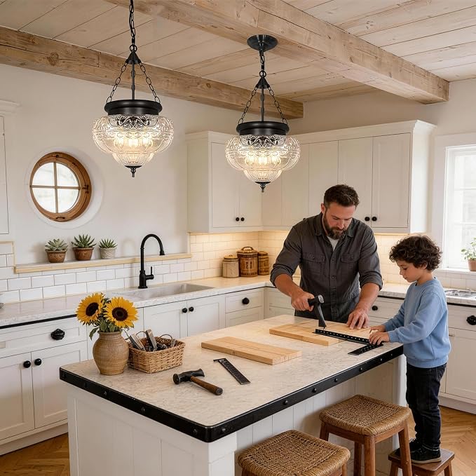 3-Light Matte Black Pendant Lights with 12In Floral Glass, Penant Lighting Fixture with Adjustable Chain, Vintage Pendant Lights Kitchen Island, Hanging Light Fixtures for Dining Room Entryway, E26*3