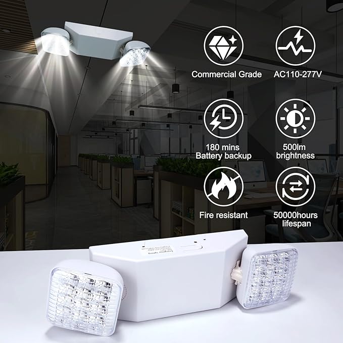LED Emergency Lights with Battery Backup, Two Head Adjustable Commercial Emergency Lights Fixture, Emergency Light for Home Power Failure,Wall Mount, Hard Wired, 120-277V, Fire Resistant 4 Pack