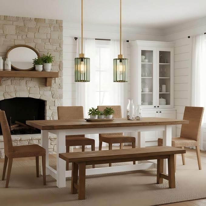 Modern Olive Green Fluted Glass Pendant Light 2 Pack - Thick Ribbed Glass with Warm Glow, Adjustable E26 Hanging Lamp for Kitchen Island & Dining Room